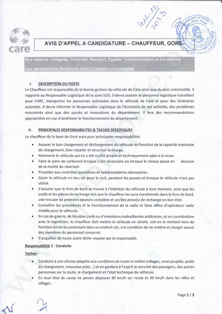 Avis de recrutement : Care International recrute un Chauffeur, Goré, Tchad