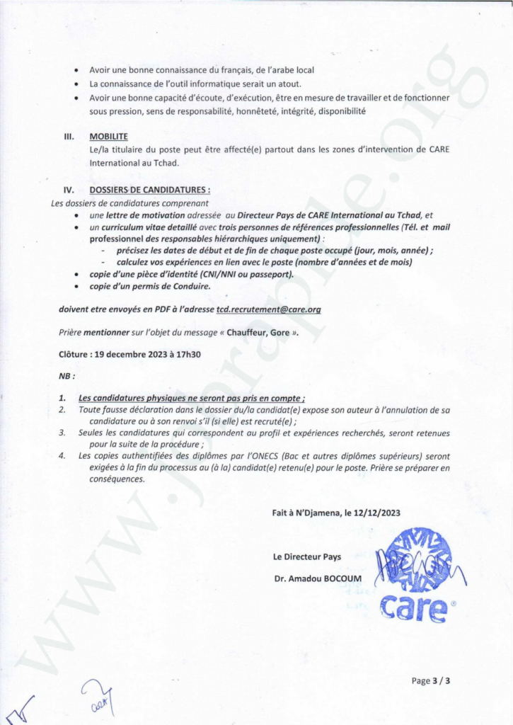Avis de recrutement : Care International recrute un Chauffeur, Goré, Tchad