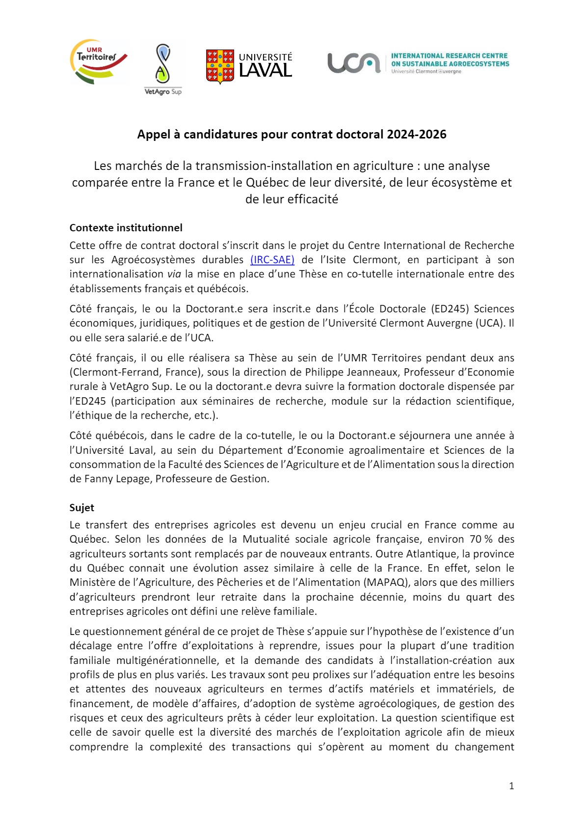 Appel à candidatures pour un contrat doctoral 20242026 à l'Université