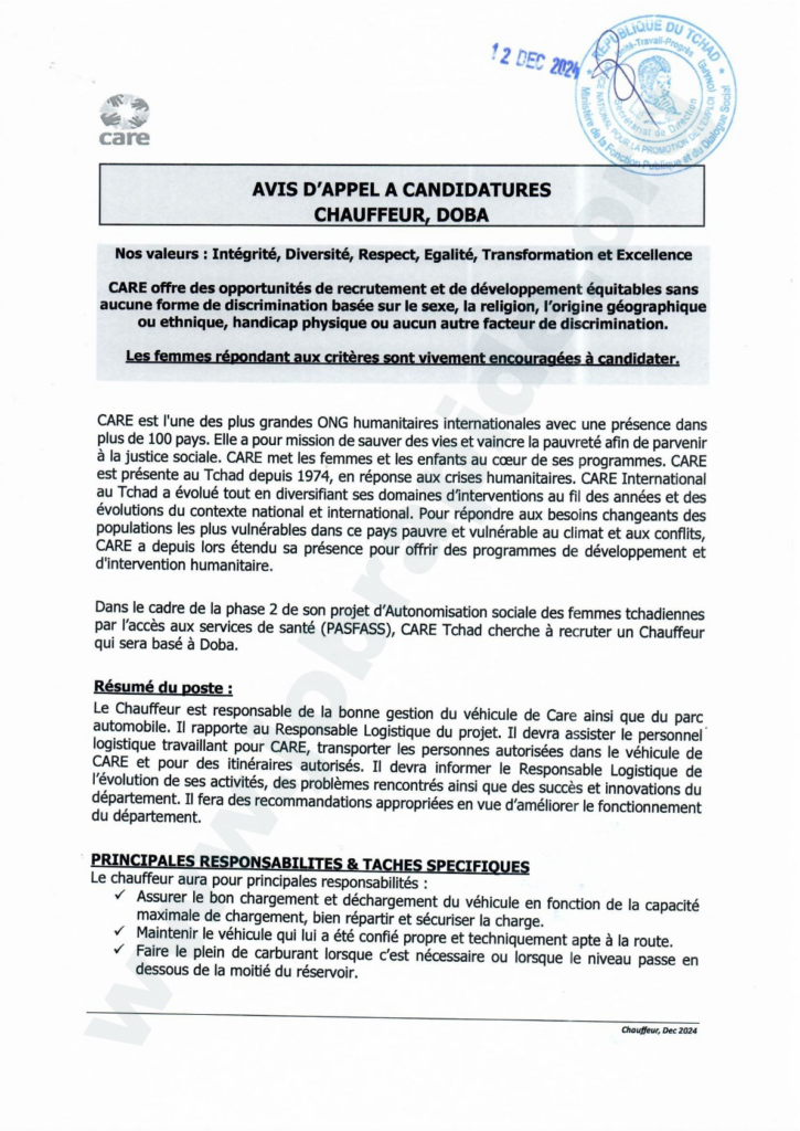 Avis de recrutement : CARE recrute un Chauffeur, Doba, Tchad