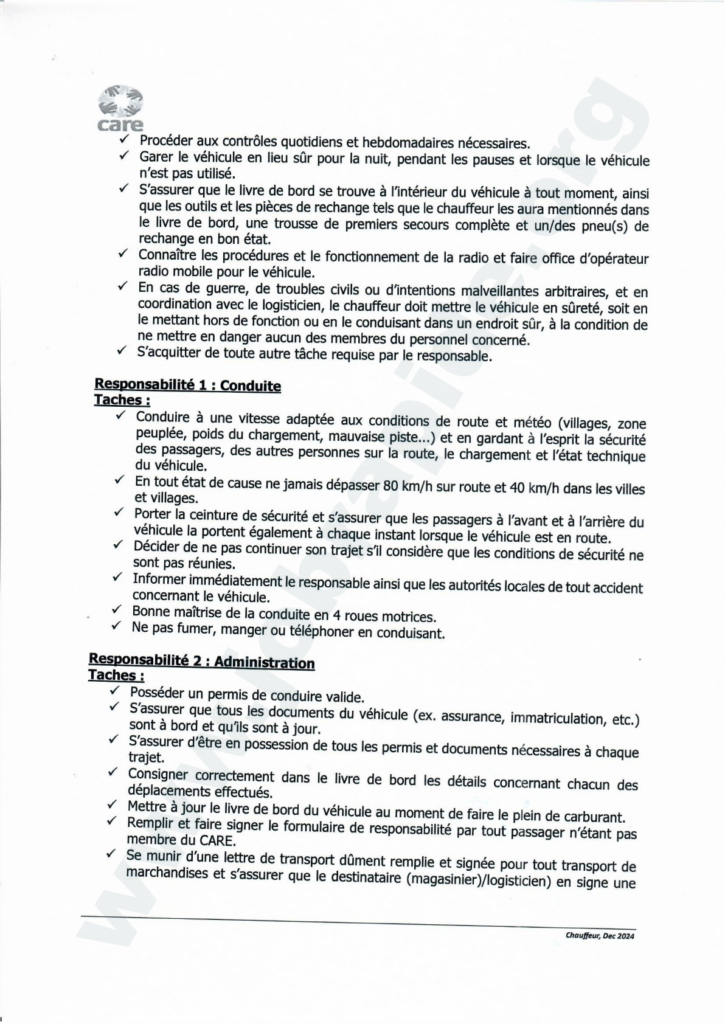 Avis de recrutement : CARE recrute un Chauffeur, Doba, Tchad