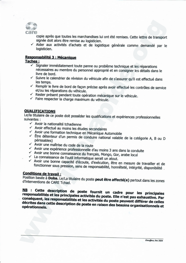 Avis de recrutement : CARE recrute un Chauffeur, Doba, Tchad