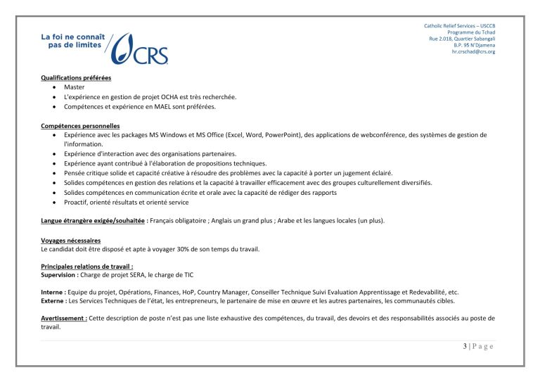 Avis de recrutement : Catholic Relief Services recrute pour le poste de ...