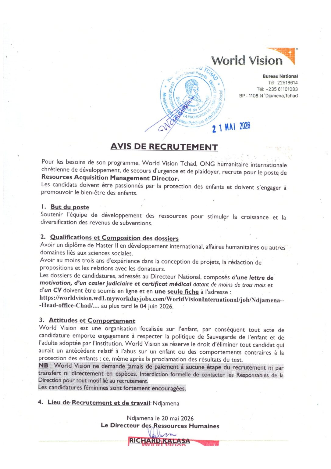 Avis de recrutement : World Vision recrute pour le poste de Resources ...