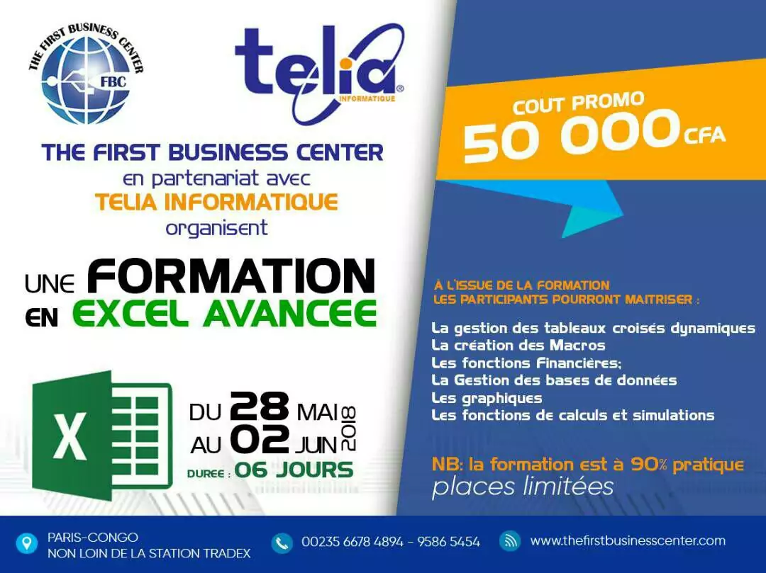 The First Business Center en partenariat avec Telia Informatique organisent une formation en Excel Avancee, du 28 mai au 02 juin 2018
