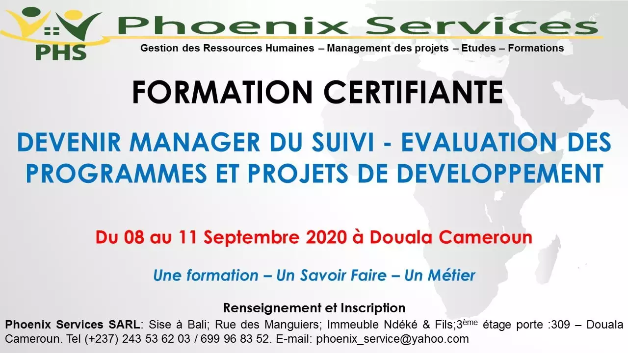 Avis de Formation Certifiante sur le thème : “Devenir Responsable du Suivi-Evaluation des programmes et projets de développement”, Douala, Cameroun