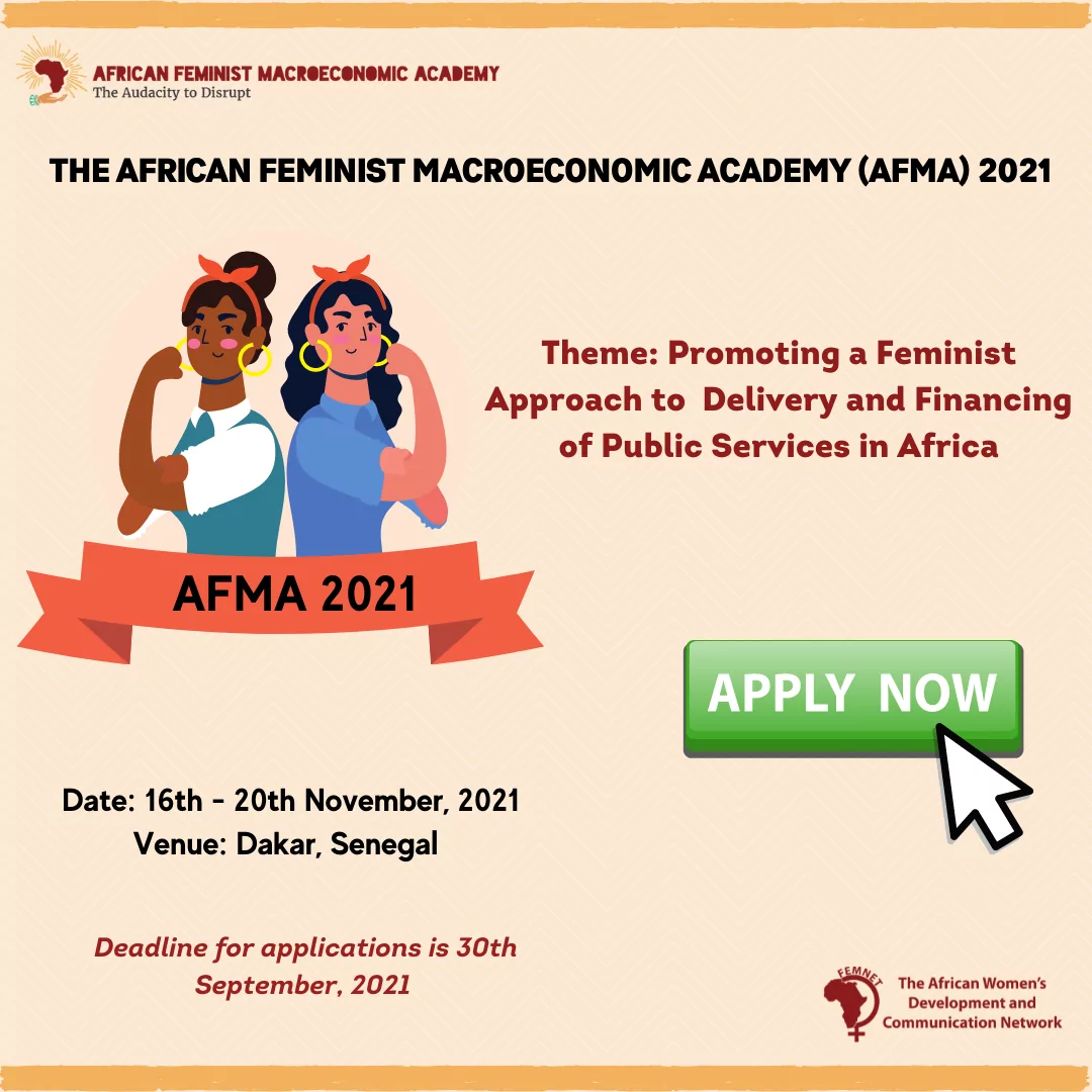 Appel à candidatures : FEMNET accueillera l’Académie Macroéconomique Féministe Africaine (AFMA) dont le thème est “Promouvoir une approche féministe de la prestation et du financement des services publics en Afrique”