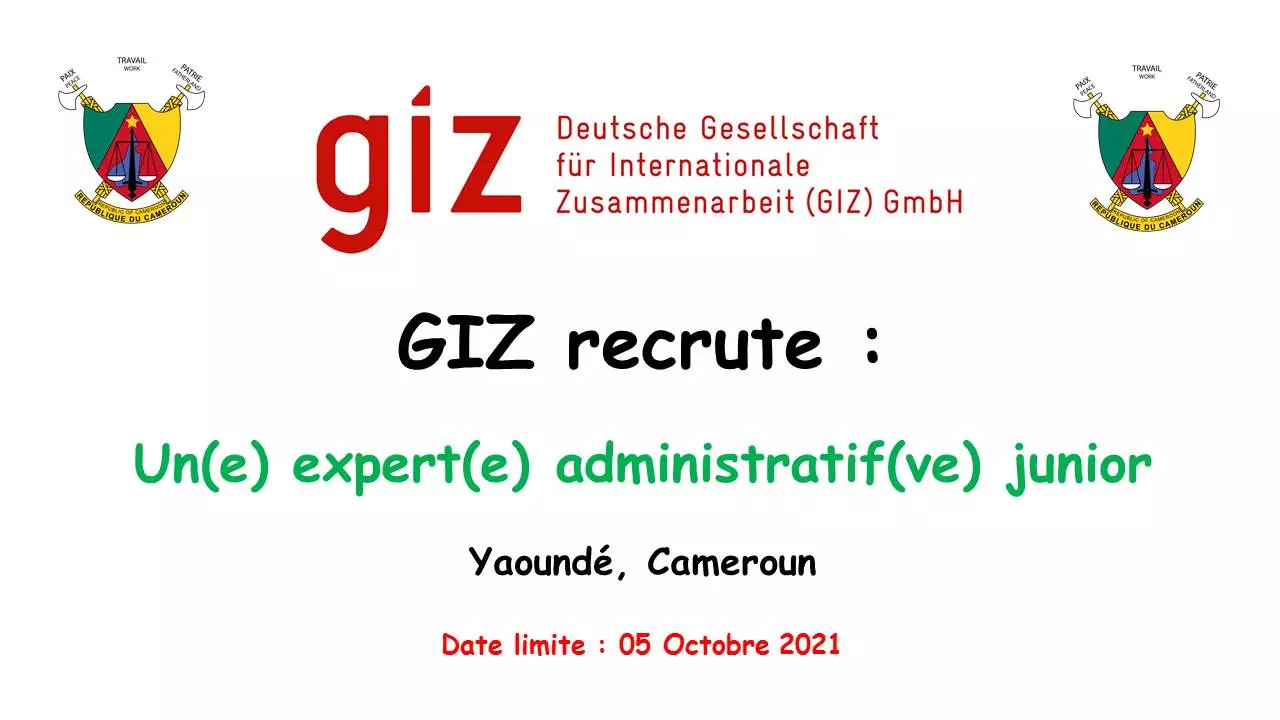 GIZ recrute un(e) expert(e) administratif(ve) junior, Yaoundé, Cameroun