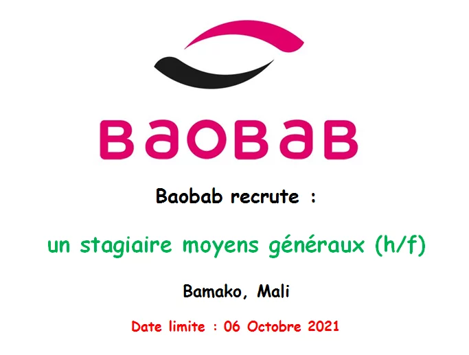 Baobab recrute un stagiaire moyens généraux (h/f), Bamako, Mali