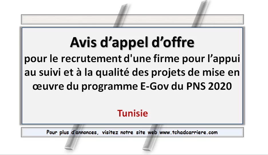 Avis d’appel d’offre pour le recrutement d’une firme pour l’appui au suivi et à la qualité des projets de mise en œuvre du programme E-Gov du PNS 2020, Tunisie