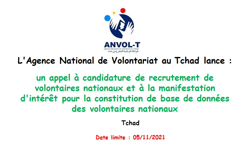 L’Agence National de Volontariat au Tchad lance un appel à candidature de recrutement de volontaires nationaux et à la manifestation d’intérêt pour la constitution de base de données des volontaires nationaux