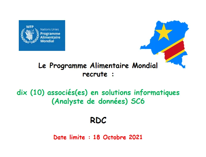 Le Programme Alimentaire Mondial recrute dix (10) associés(es) en solutions informatiques (Analyste de données) SC6, Diverses localités en RDC