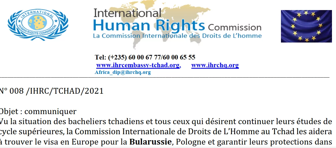 Communiqué de la Commission Internationale de Droits de L’Homme au Tchad : Visas pour la Biélorussie et Pologne dans toutes les filières