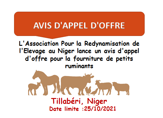 L’Association Pour la Redynamisation de l’Elevage au Niger lance un avis d’appel d’offre pour la fourniture de petits ruminants, Tillabéri, Niger