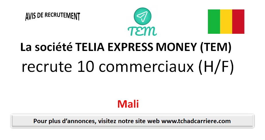 La société TELIA EXPRESS MONEY (TEM) recrute 10 commerciaux (H/F), Mali