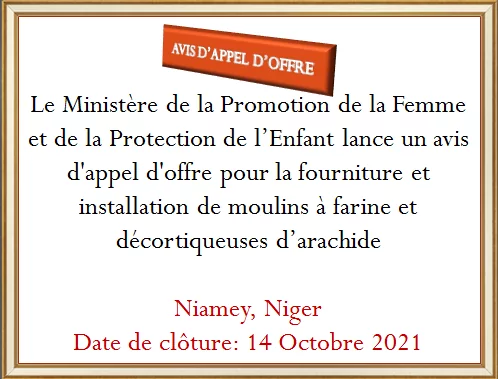 Le Ministère de la Promotion de la Femme et de la Protection de l’Enfant lance un avis d’appel d’offre pour la fourniture et installation de moulins à farine et décortiqueuses d’arachide, Niamey, Niger