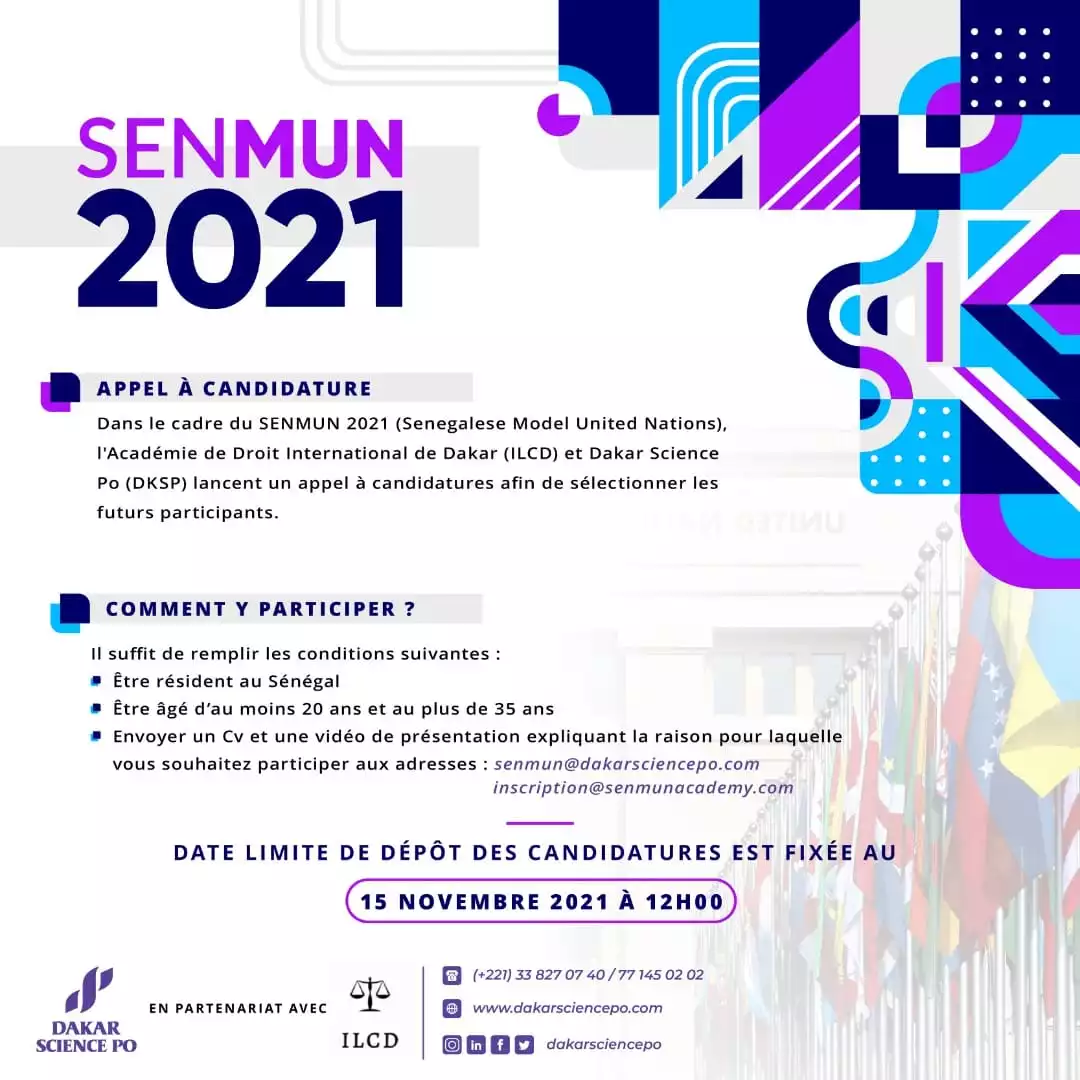 Appel à candidatures pour sélectionner les participants au SENMUN 2021 (Modèle des Nations Unies Sénégalais)