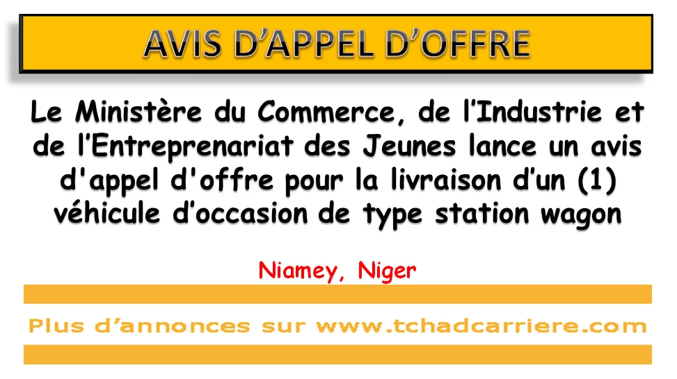 Le Ministère du Commerce, de l’Industrie et de l’Entreprenariat des Jeunes lance un avis d’appel d’offre pour la livraison d’un (1) véhicule d’occasion de type station wagon, Niamey, Niger