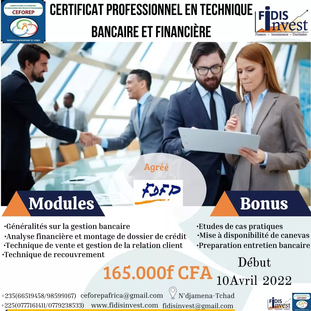 Le Cabinet de Conseils CEFOREP et son partenaire de la Cote d’Ivoire FIDIS INVEST lancent un séminaire de formation sur le certificat professionnel en technique bancaire et financière, N’Djamena, Tchad