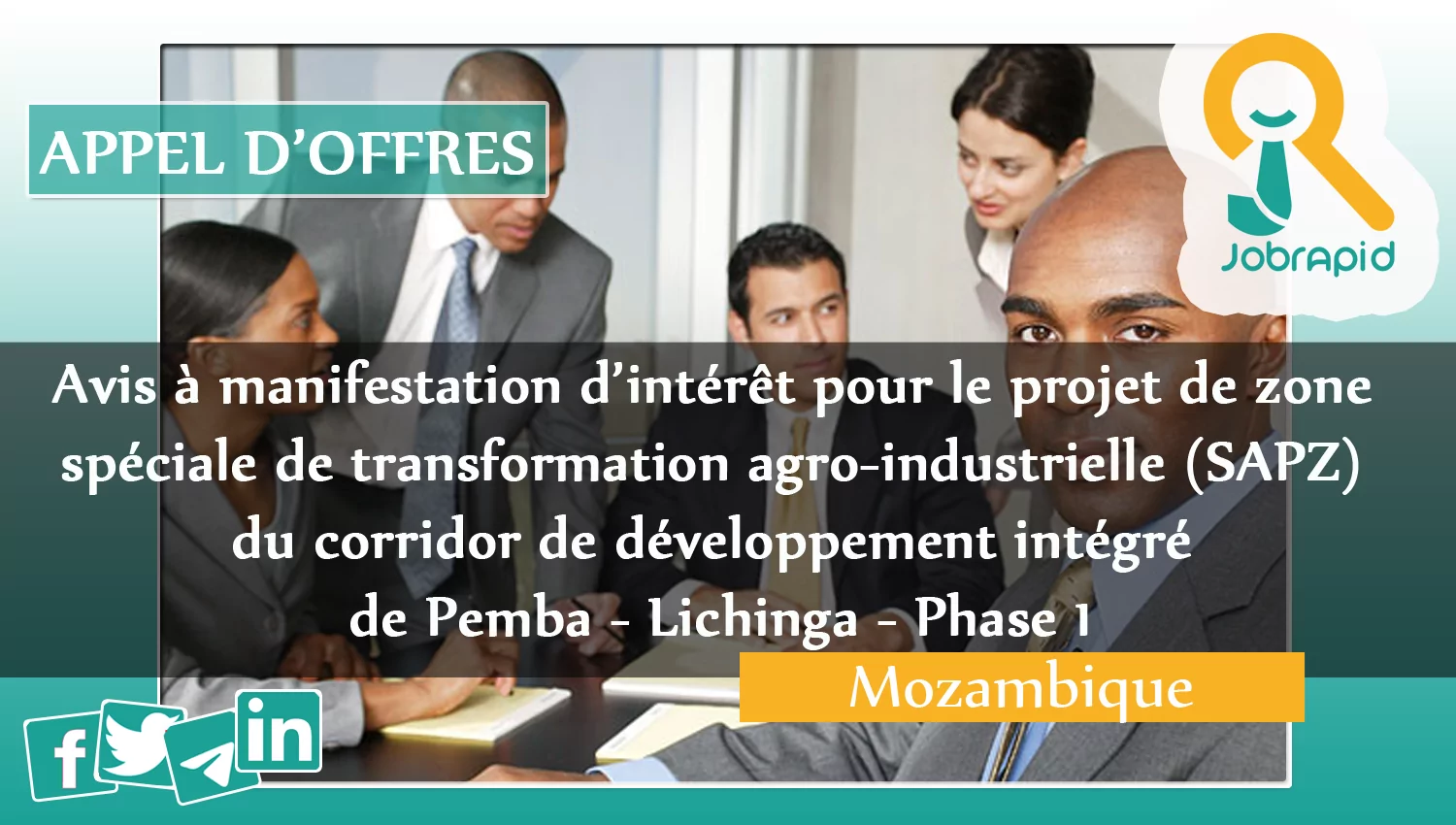 Avis à manifestation d’intérêt pour le projet de zone spéciale de transformation agro-industrielle (SAPZ) du corridor de développement intégré de Pemba – Lichinga – Phase 1, Mozambique