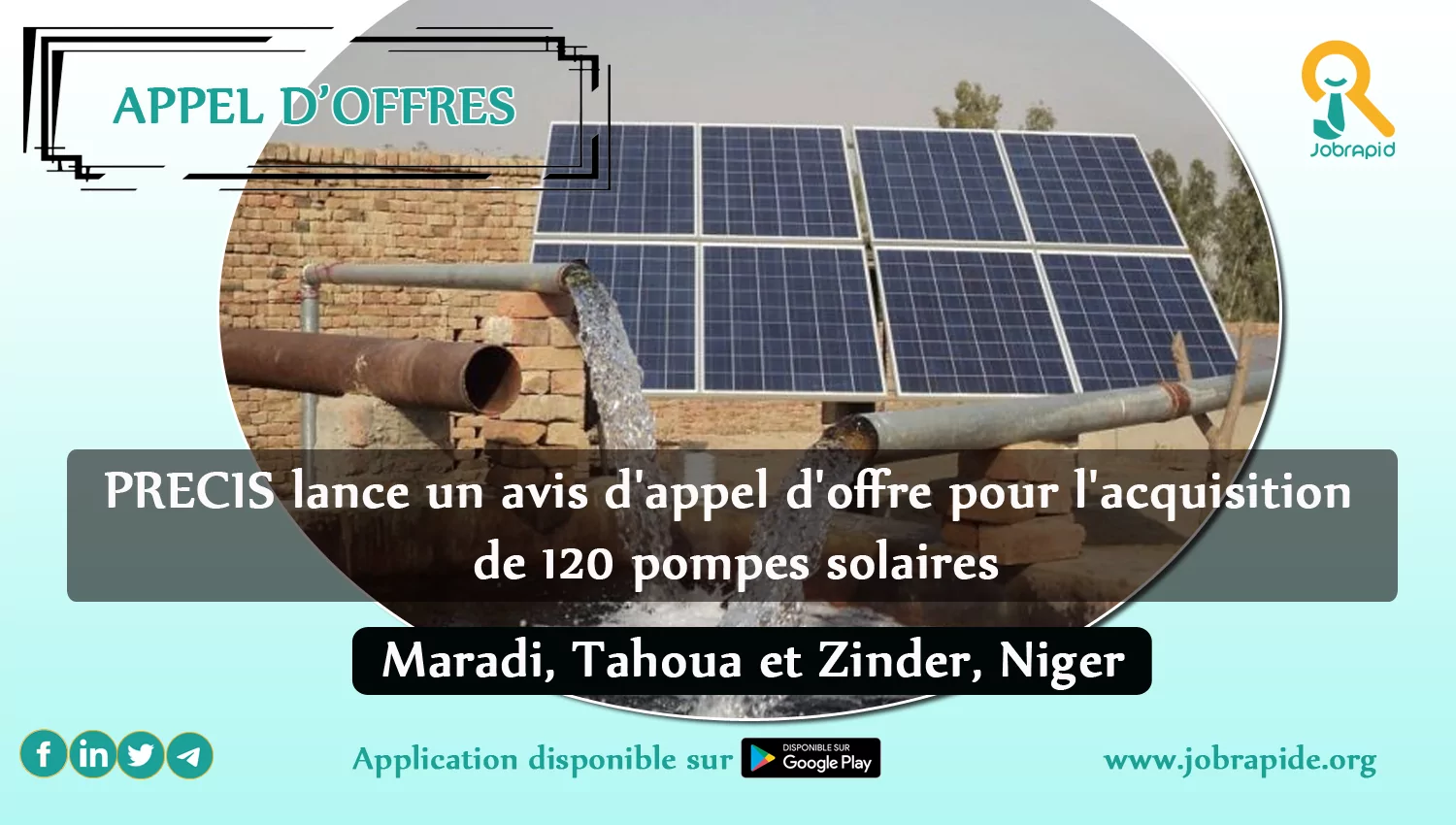 PRECIS lance un avis d’appel d’offre pour l’acquisition de 120 pompes solaires, Maradi, Tahoua et Zinder, Niger