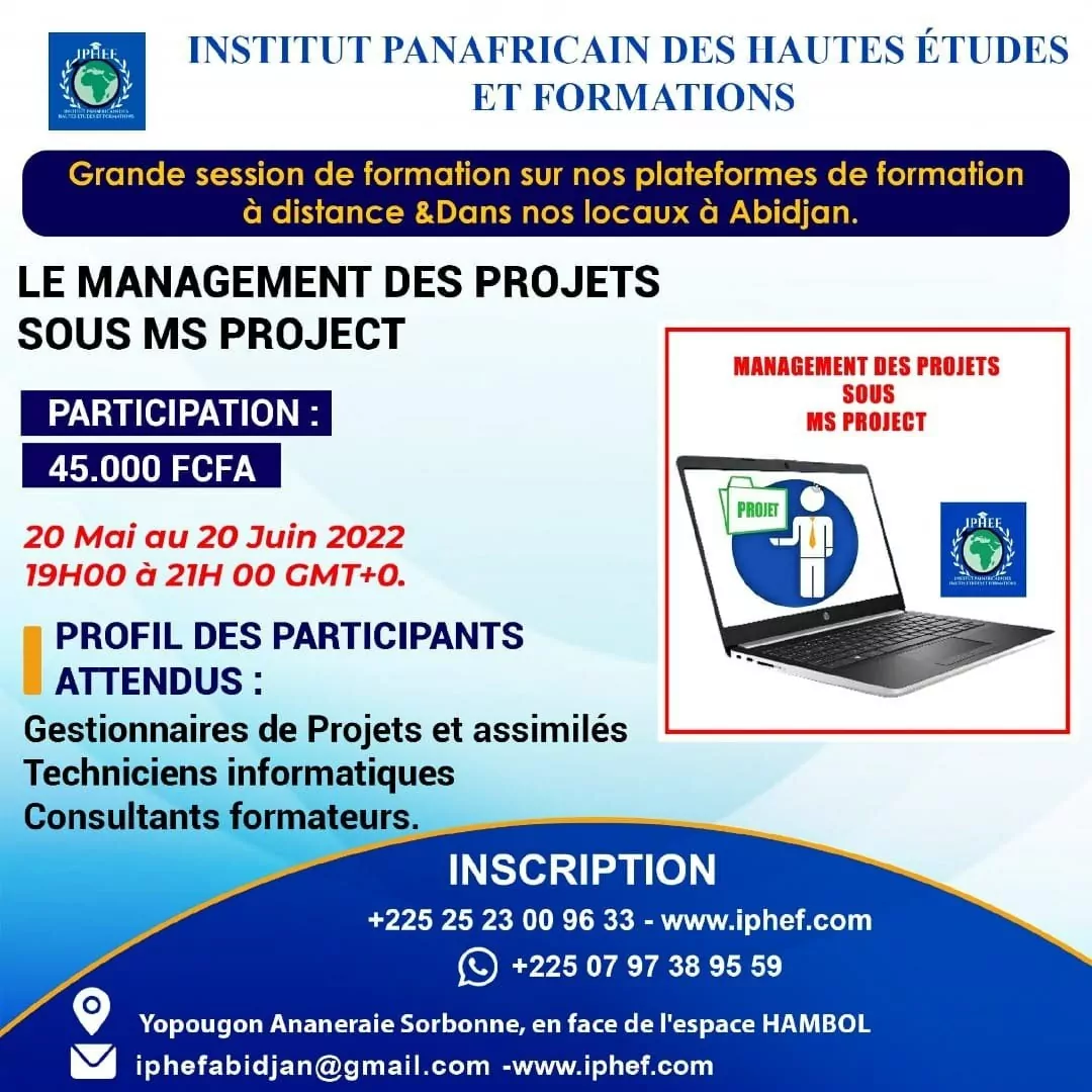 L’IPHEF lance un appel à candidature pour la formation en management des projets sous MS Project 100% pratique, Côte d’Ivoire