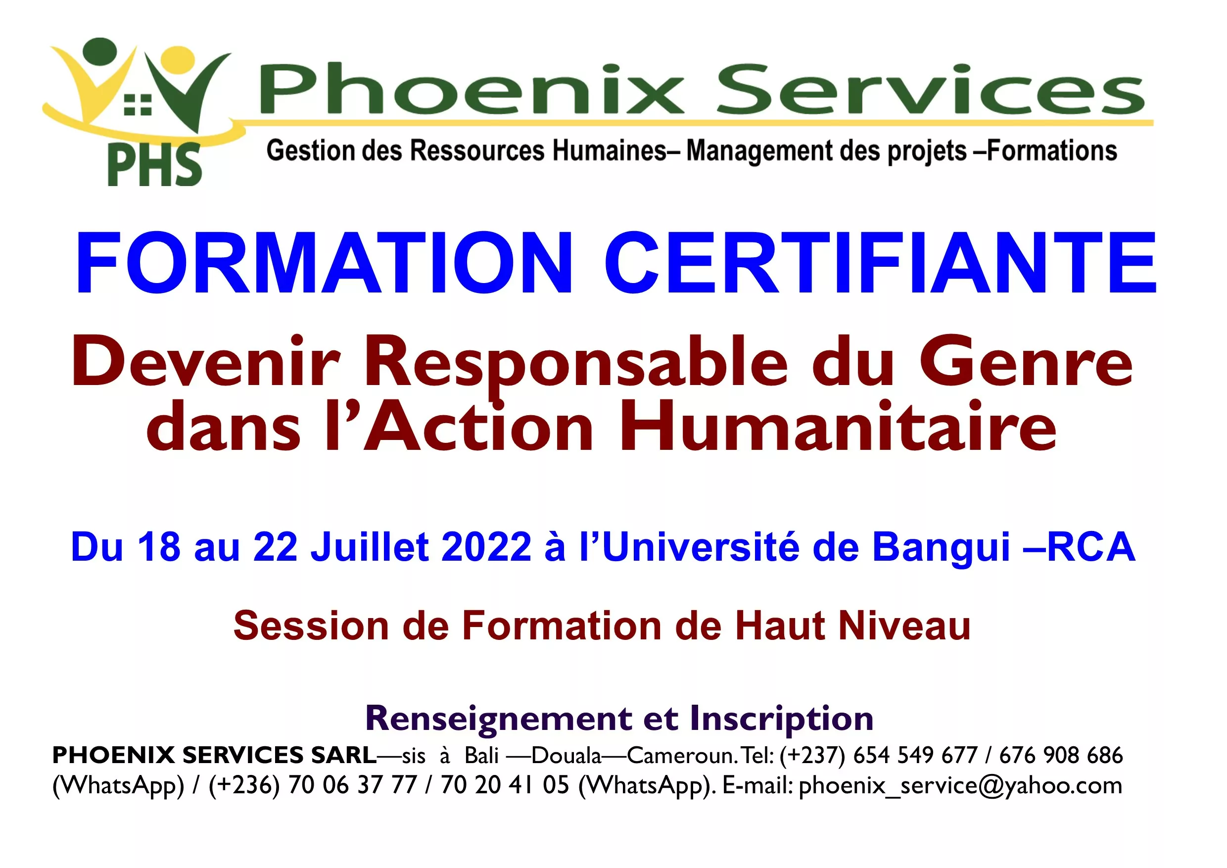 Phoenix Services Sarl lance une formation certifiante : Devenir Responsable du Genre dans l’Action Humanitaire, Bangui, RCA