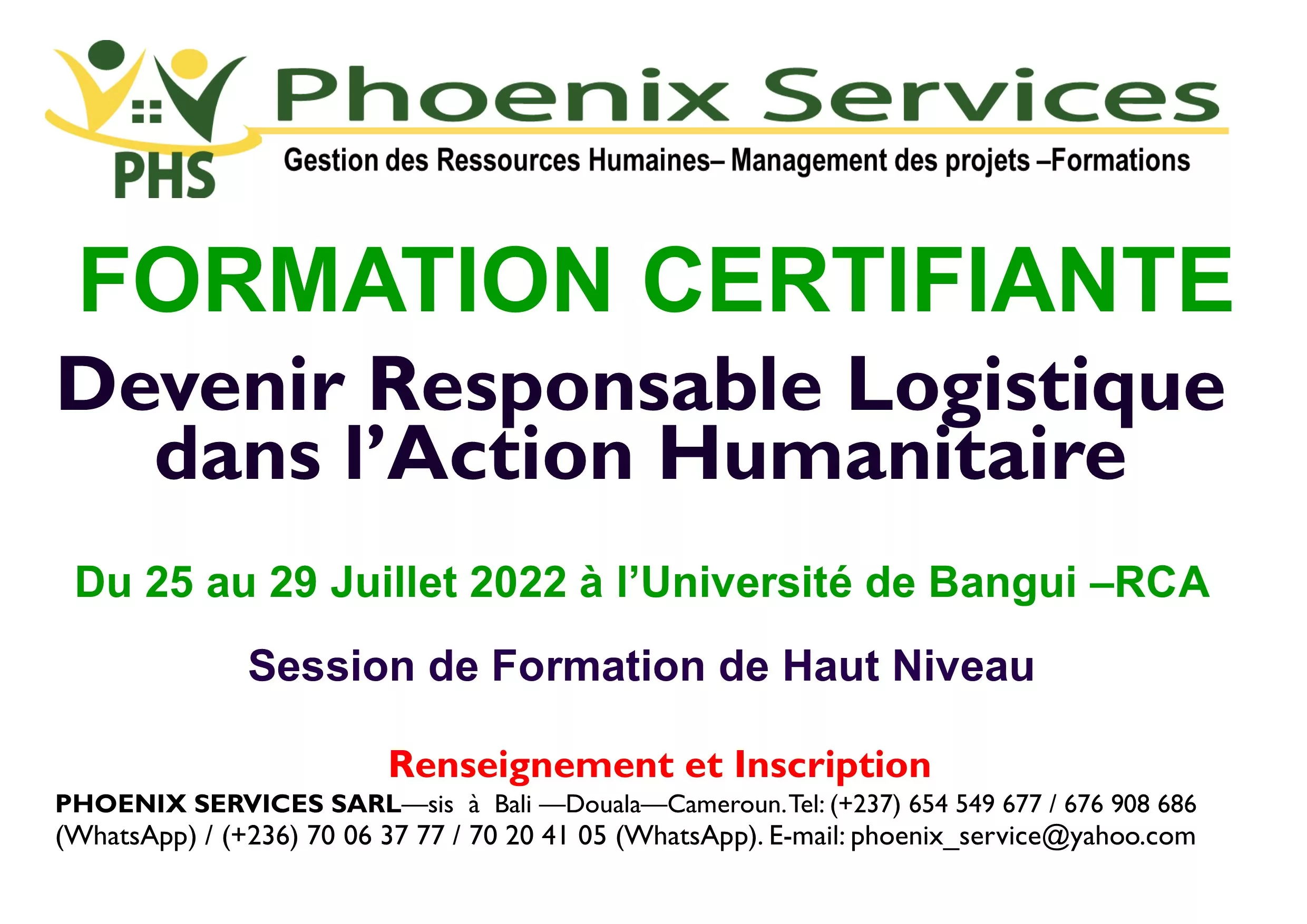 Phoenix Services Sarl lance une formation certifiante : Devenir Responsable Logistique dans l’Action Humanitaire, Bangui, RCA