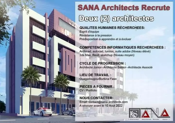 Sana Architects recherche deux architectes, Ouagadougou, Burkina Faso