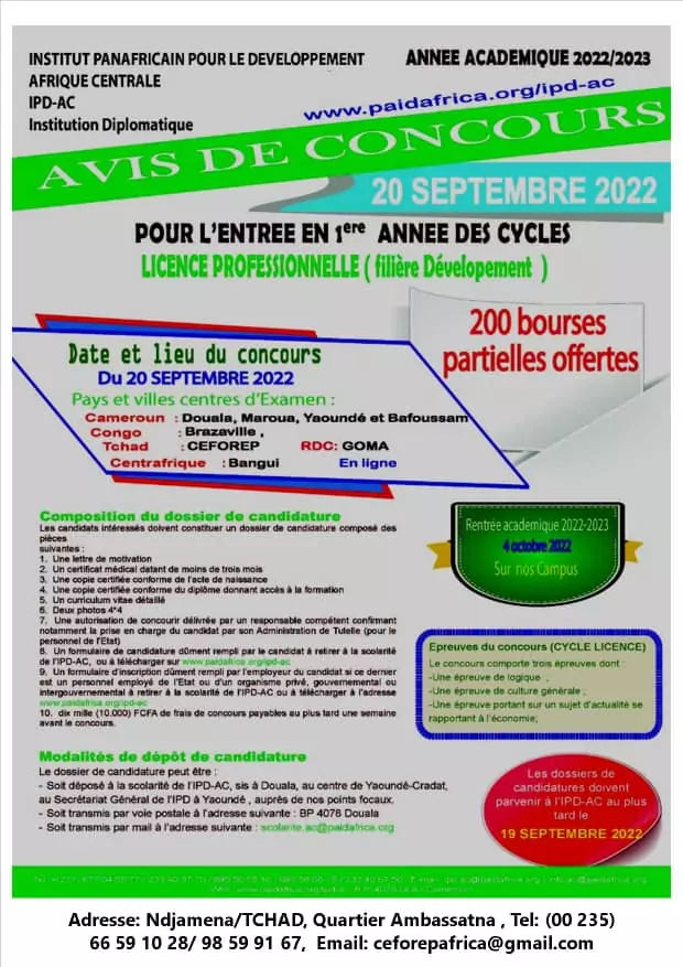 L’Institut Panafricain pour le Développement Afrique Centrale lance un avis de concours pour la première année des cycles de licence professionnelle (filière développement)