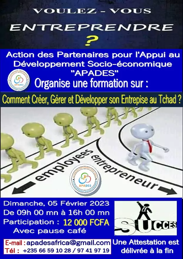 L’association Action de Partenaires pour l’Appui au Développement Socio-économique (APADES) organise une formation sur : “Comment créer, gérer et développer son entreprise au Tchad ?”, N’Djamena, Tchad