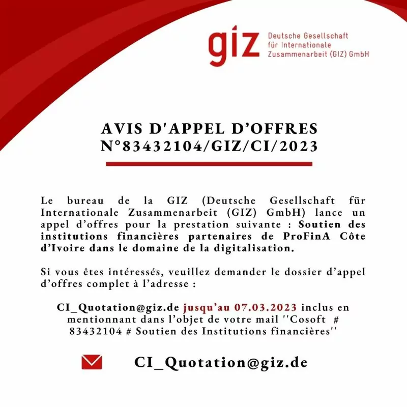 La GIZ Côte d’Ivoire lance un appel d’offres pour le Soutien des institutions financières partenaires de ProFinA Côte d’Ivoire dans le domaine de la digitalisation