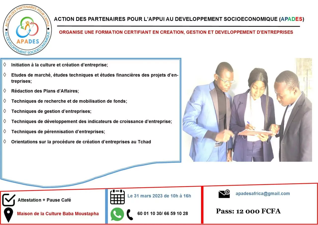L’association Action de Partenaires pour l’Appui au Développement Socio-économique (APADES) lance une formation certifiante en création, gestion et développement d’entreprises, N’Djamena, Tchad