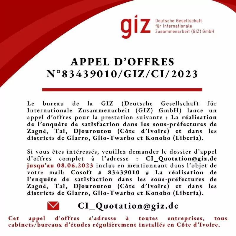La GIZ lance un appel d’offres pour la réalisation de l’enquête de satisfaction dans les sous-préfectures de Zagné, Tai, Djouroutou (Côte d’Ivoire) et dans les districts de Glarro, Glio-Twarbo et Konobo (Liberia)