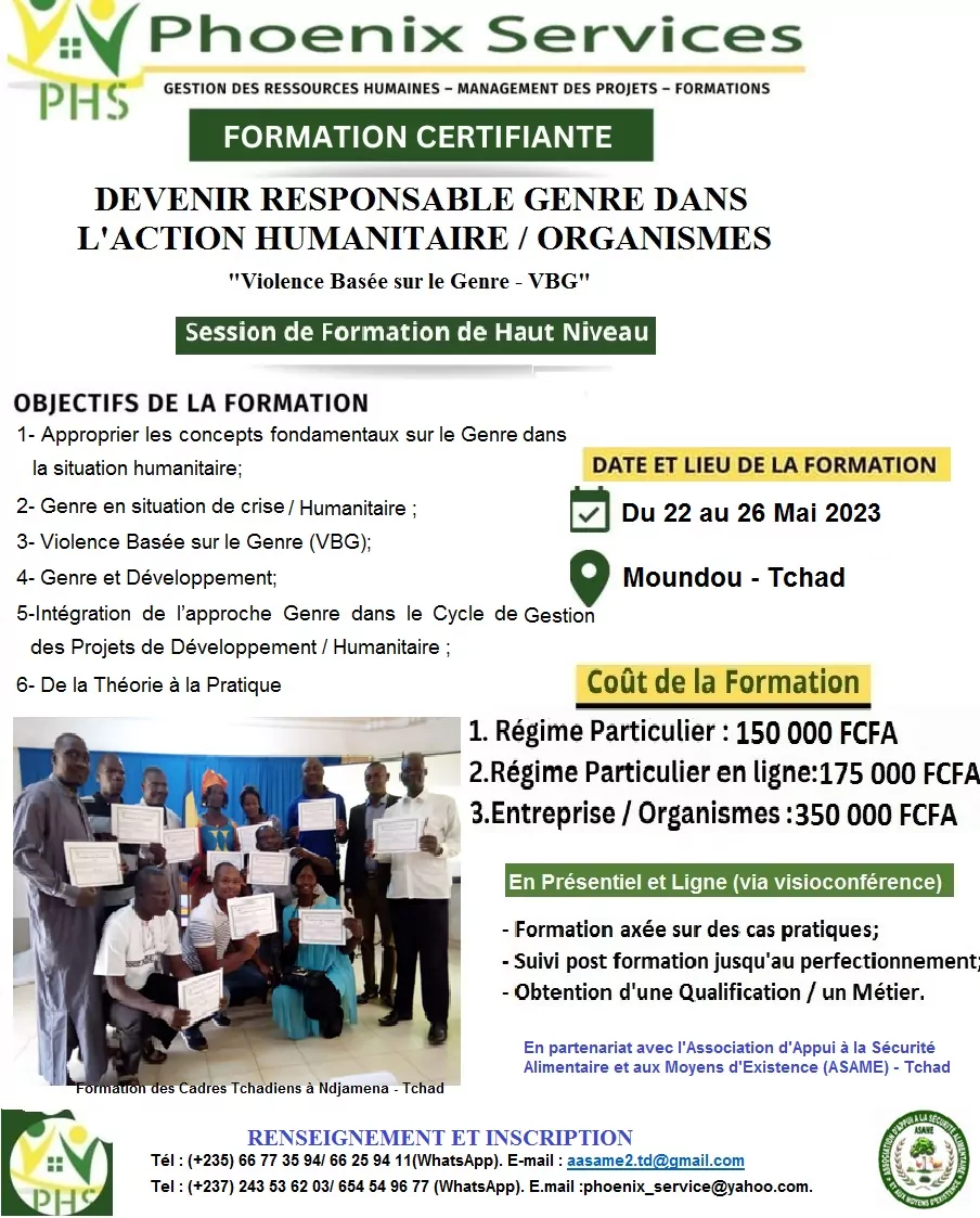 Phoenix Services lance une formation certifiante : Devenir Responsable Genre (VBG) dans l’Action Humanitaire, Moundou, Tchad