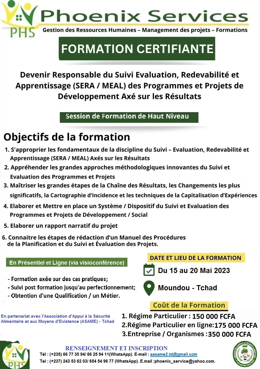 Phoenix Services lance une formation certifiante : Devenir Responsable du Suivi Evaluation, Redevabilité et Apprentissage (SERA/MEAL) des Programmes et Projets de Développement Axés sur les Résultats, Moundou, Tchad