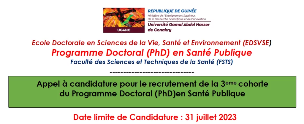 Avis d’appel à candidature au programme Doctoral (PhD) en Santé Publique 2023 à l’Université Gamal Abdel Nasser de Conakry, Guinée