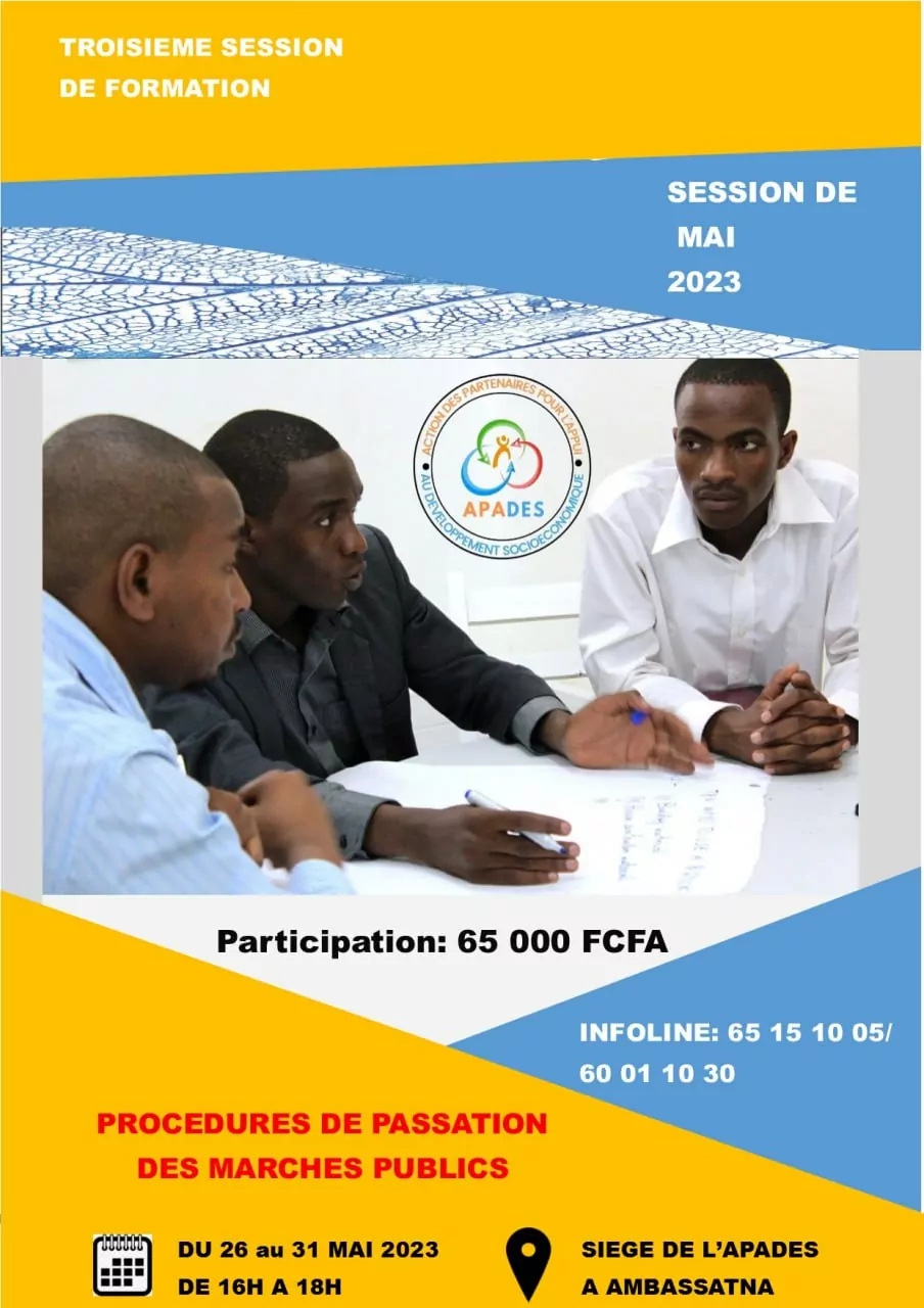 L’Action des Partenaires pour l’Appui au Développement Socioéconomique (APADES) organise une formation en Procédures de passation des marchés publics, N’Djamena, Tchad